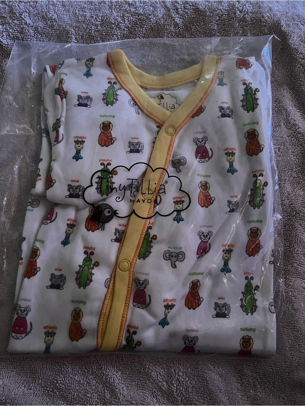 Avon Tiny Tillia Footed Cover Snap-Front Baby Pajamas - White with Yellow Trim